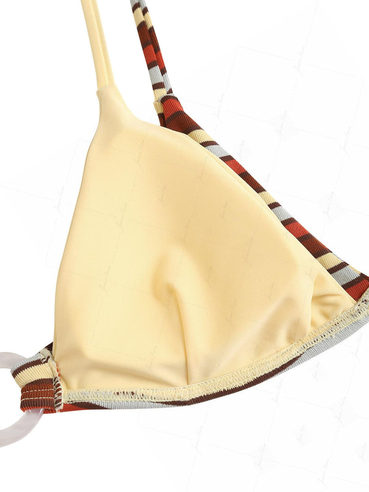 Yellow Ribbed Knit Striped O Ring Double Layer Top & Cheeky Boyshorts Bikini Set