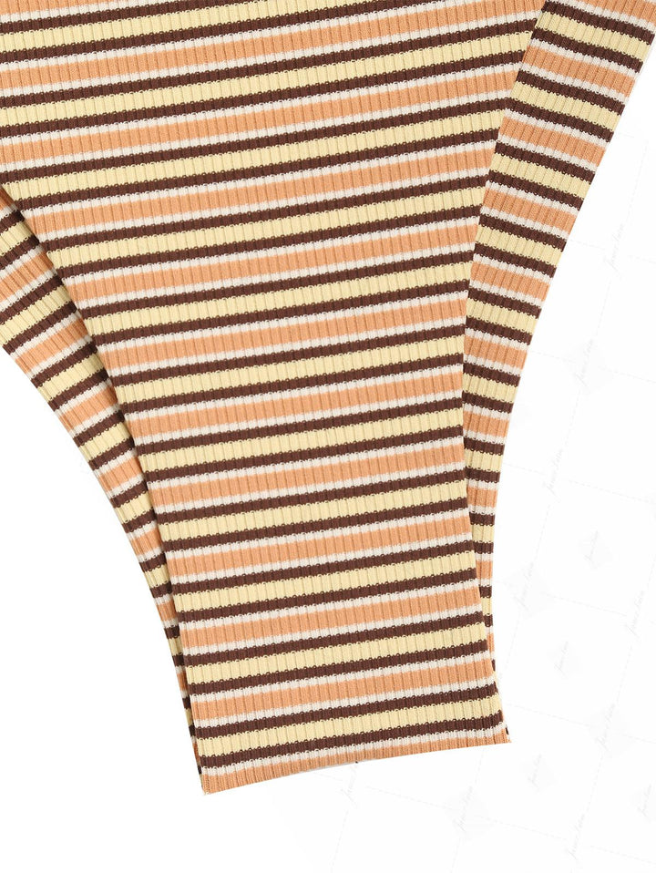 Yellow Ribbed Striped O Ring Double Layer Top & Cheeky Brazilian Bottom Bikini Set