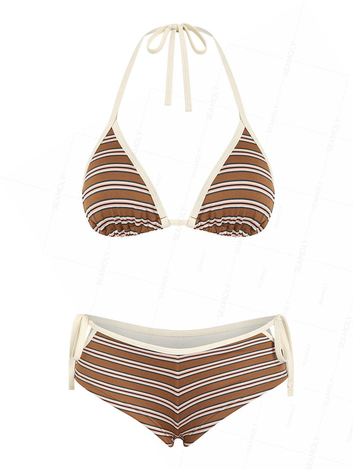 Seamolly Striped Contrast Binding Cutout Tied Cheeky Boyshorts Bikini Set