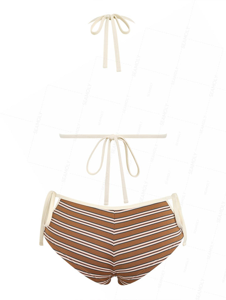 Seamolly Striped Contrast Binding Cutout Tied Cheeky Boyshorts Bikini Set