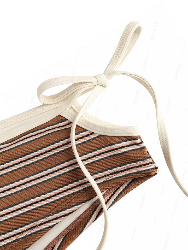 Seamolly Striped Contrast Binding Cutout Tied Cheeky Boyshorts Bikini Set