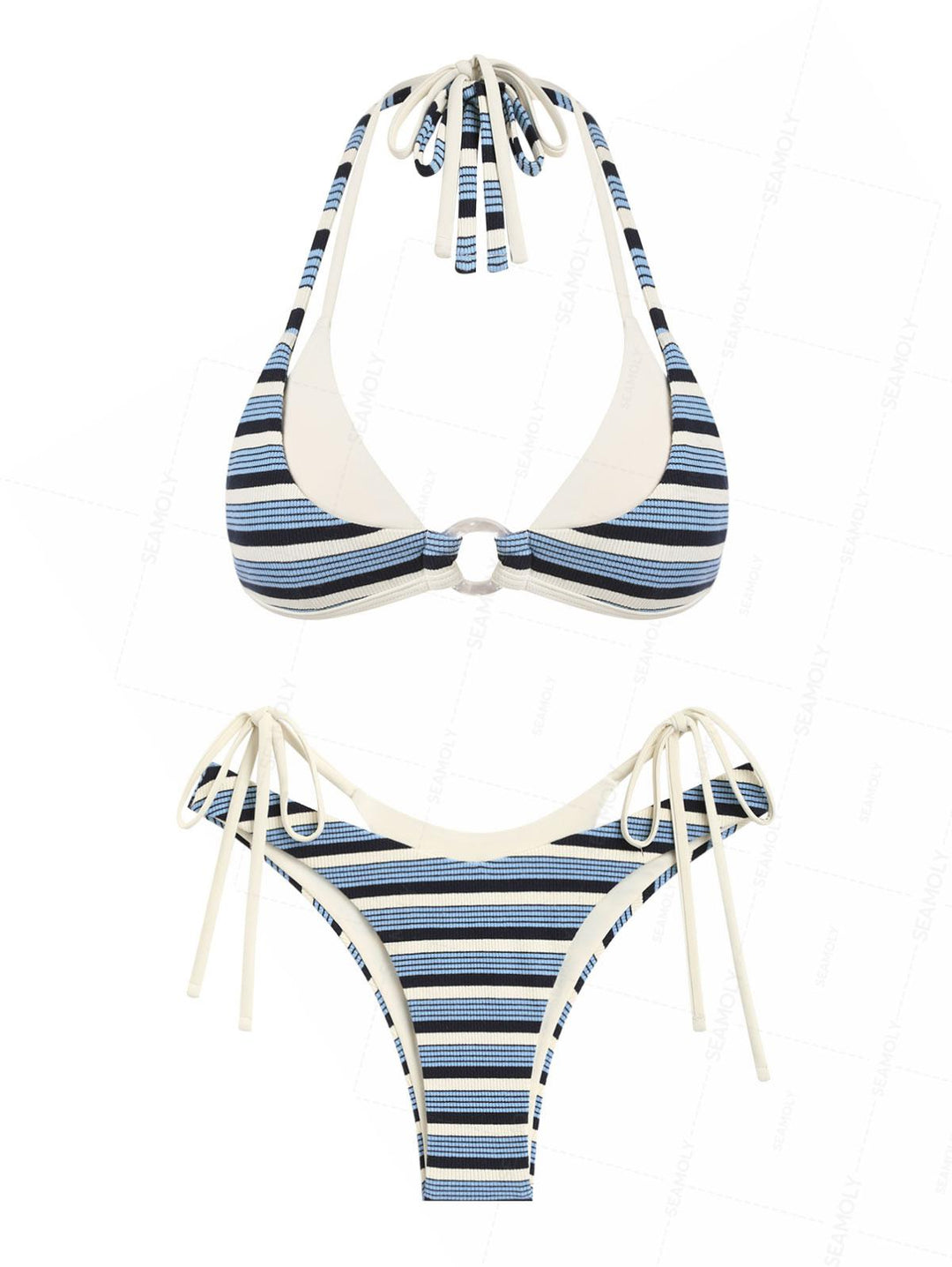 Seamolly Contrast Color Striped O Ring Double Layer Bikini Set