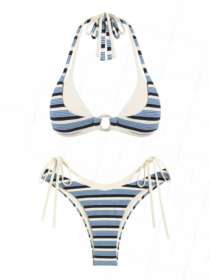 Seamolly Contrast Color Striped O Ring Double Layer Bikini Set