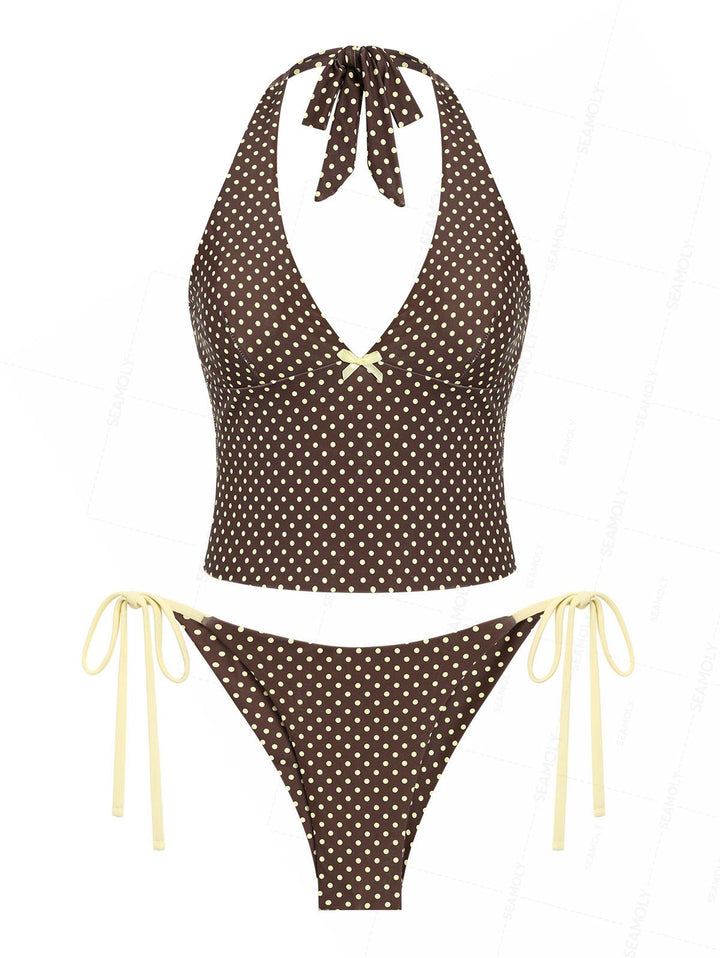 Seamolly Polka Dot Print Halter Tank Top & Cheeky Brazilian Bottom Tankini Set
