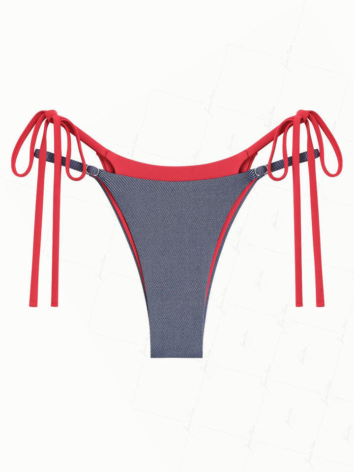 Deep Blue Denim Contrast Color String Double Layer Bikini Bottom