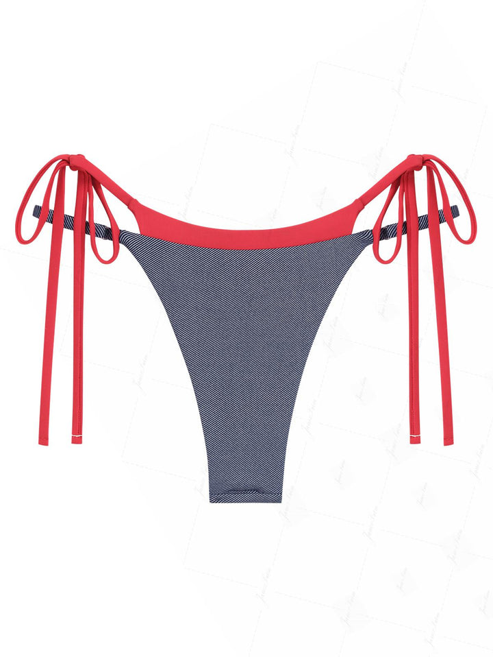 Deep Blue Denim Contrast Color String Double Layer Bikini Bottom