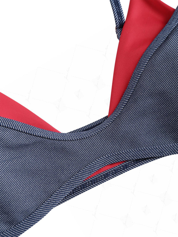 Deep Blue Denim Contrast Color String Double Layer Bikini Set
