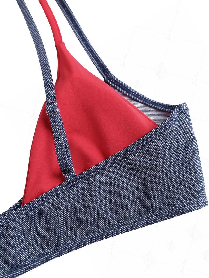 Deep Blue Denim Contrast Color String Double Layer Bikini Set