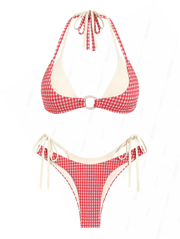 Seamolly Contrast Color Gingham Textured O Ring Double Layer Bikini Set