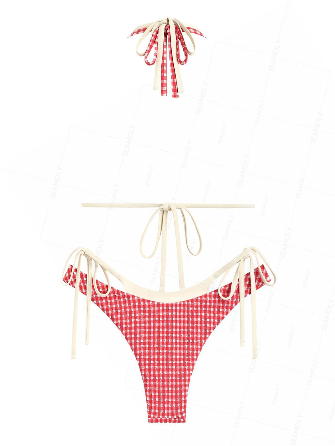 Seamolly Contrast Color Gingham Textured O Ring Double Layer Bikini Set