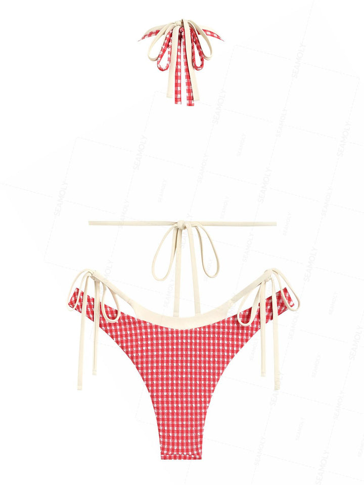 Seamolly Contrast Color Gingham Textured O Ring Double Layer Bikini Set