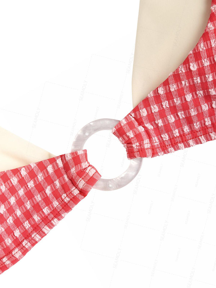 Seamolly Contrast Color Gingham Textured O Ring Double Layer Bikini Set