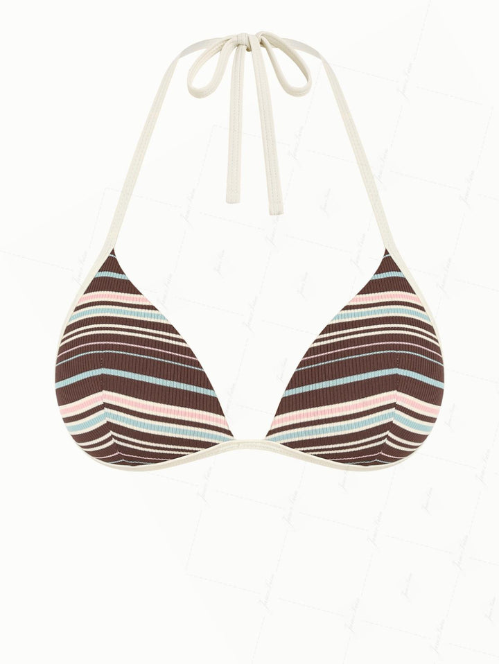 Deep Coffee Ribbed Knit Striped Triangle Push Up Bikini Top