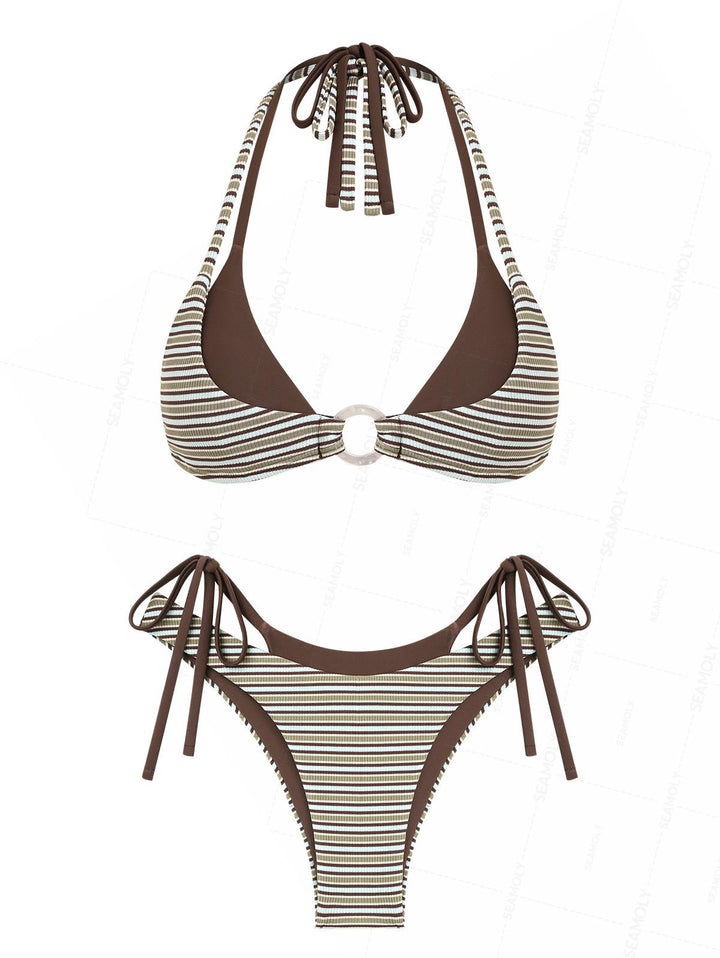 Seamolly Contrast Color Striped O Ring Double Layer Bikini Set