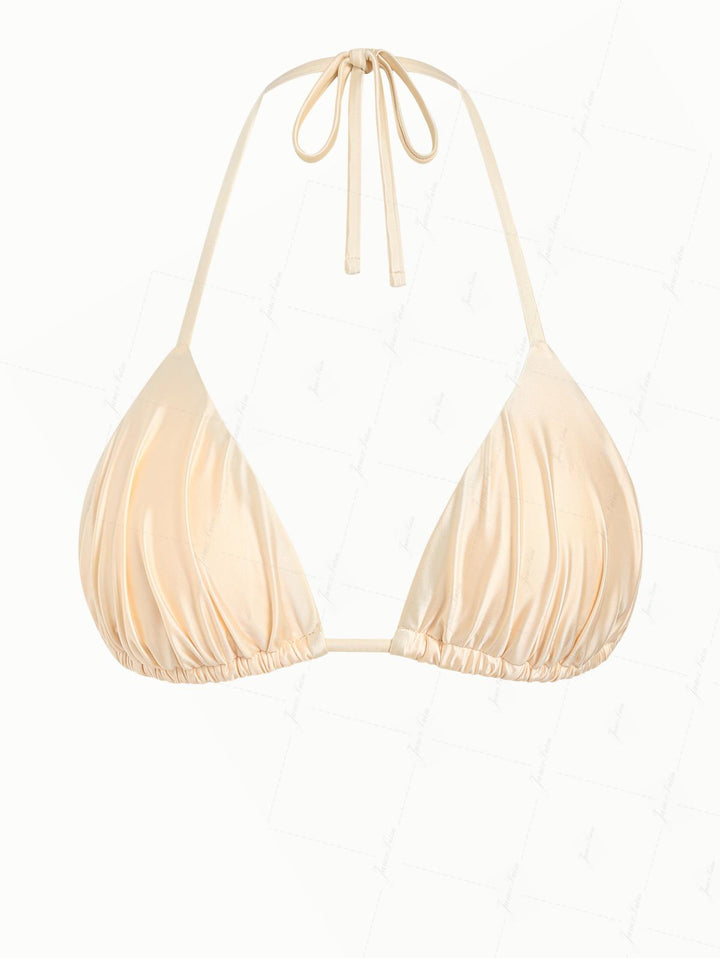 Champagne Satin Solid Color Ruched Halter Triangle Bikini Top
