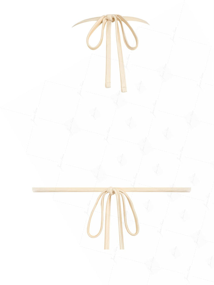 Champagne Satin Solid Color Ruched Halter Triangle Bikini Top