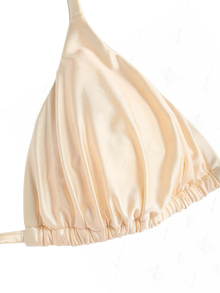Champagne Satin Solid Color Ruched Halter Triangle Bikini Top