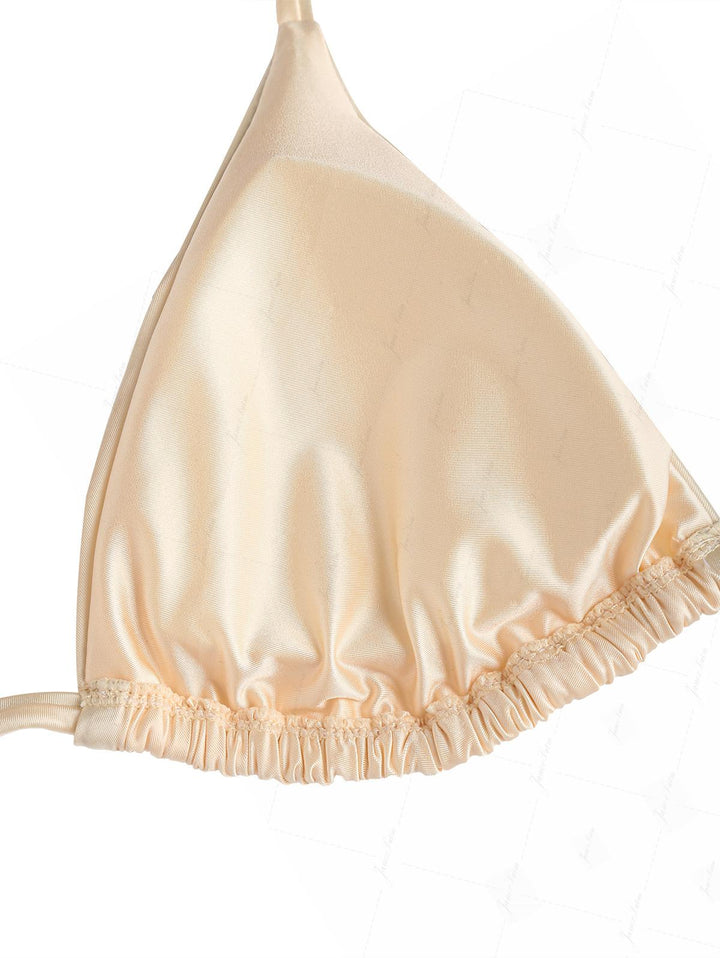 Champagne Satin Solid Color Ruched Halter Triangle Bikini Top