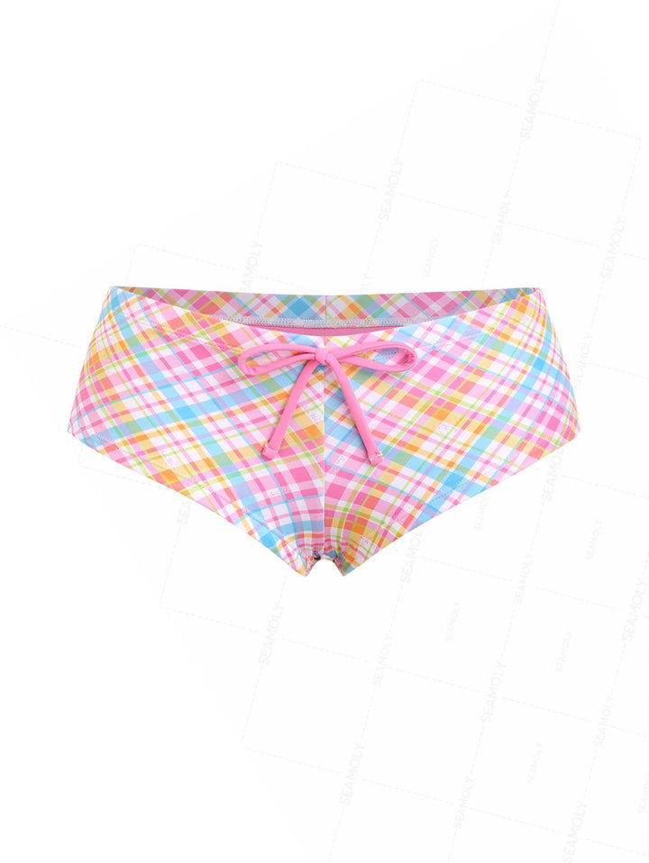 Seamolly 3 Piece Plaid Lace Bowknot Halter Triangle Cheeky Boyshort Bikini Set