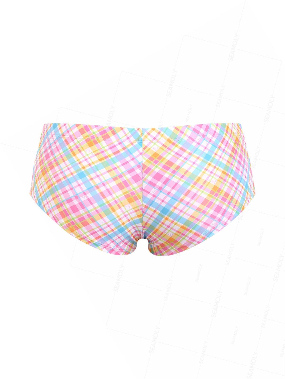 Seamolly 3 Piece Plaid Lace Bowknot Halter Triangle Cheeky Boyshort Bikini Set