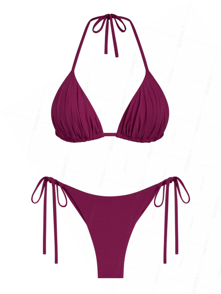 Seamolly Solid Color Ruched Halter Triangle Top & Cheeky Brazilian Bottom Bikini Set