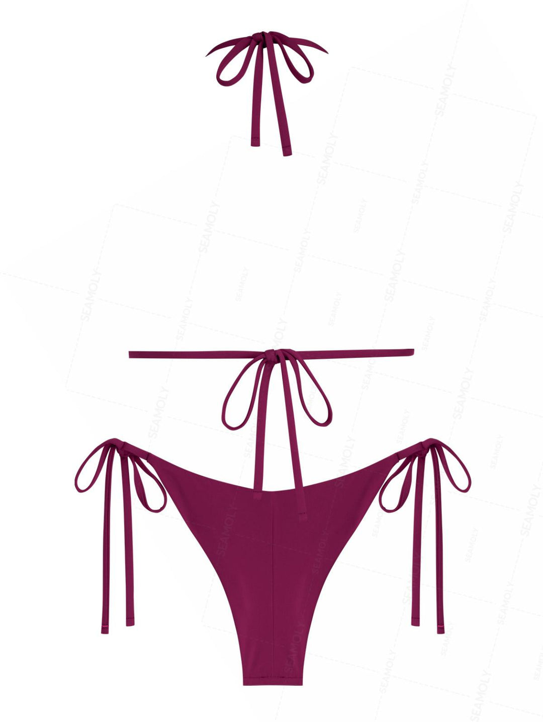 Seamolly Solid Color Ruched Halter Triangle Top & Cheeky Brazilian Bottom Bikini Set
