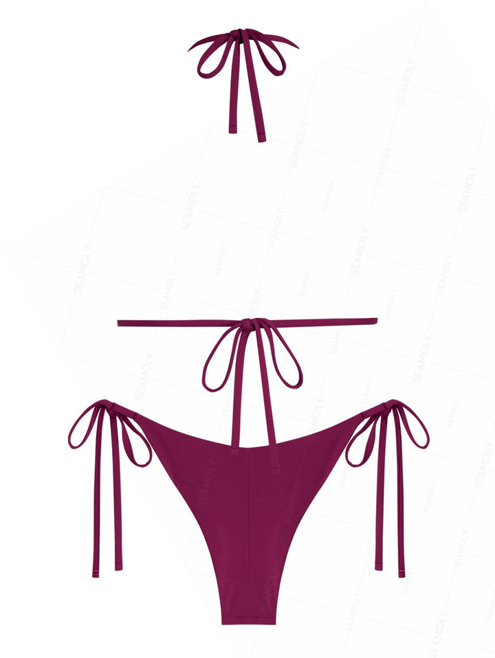 Seamolly Solid Color Ruched Halter Triangle Top & Cheeky Brazilian Bottom Bikini Set