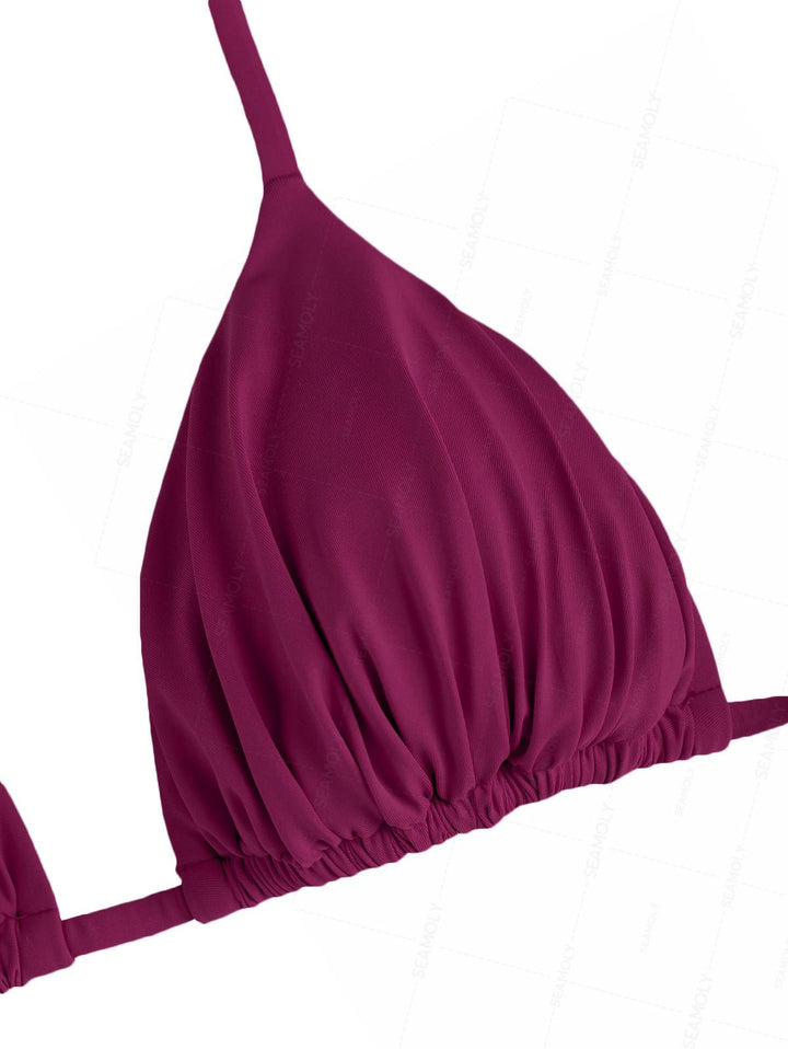 Seamolly Solid Color Ruched Halter Triangle Top & Cheeky Brazilian Bottom Bikini Set
