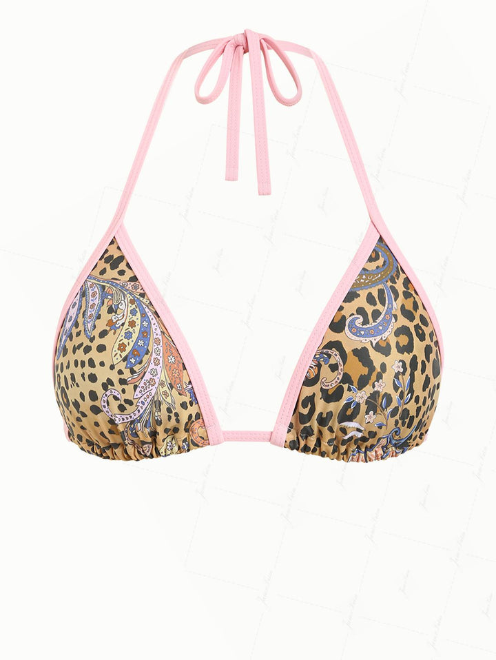 Brown Leopard Paisley Print Contrast Binding Triangle Bikini Top