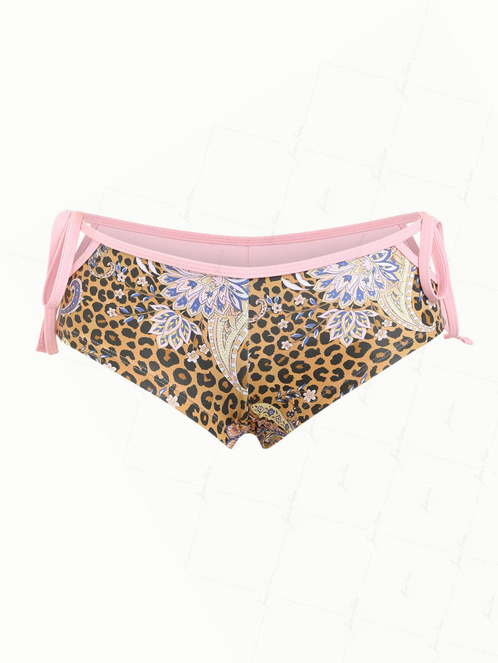 Brown Leopard Paisley Print Cutout Tie Side Bikini Bottom Cheeky Swim Boyshorts