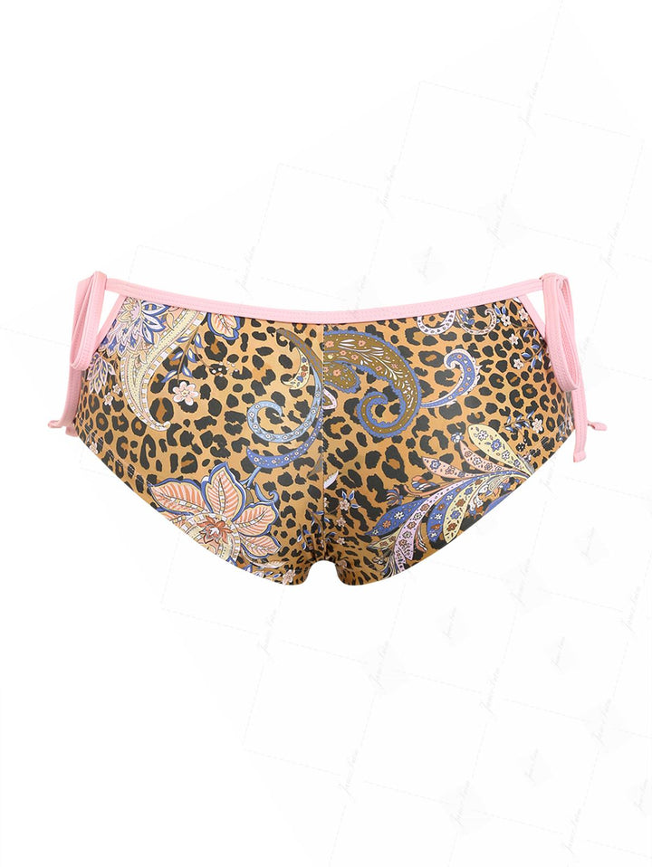 Brown Leopard Paisley Print Cutout Tie Side Bikini Bottom Cheeky Swim Boyshorts