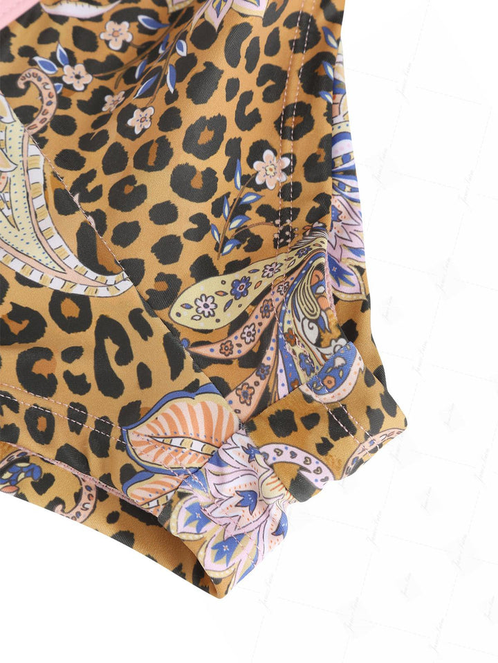 Brown Leopard Paisley Print Contrast Binding Cheeky Boyshorts Bikini Set