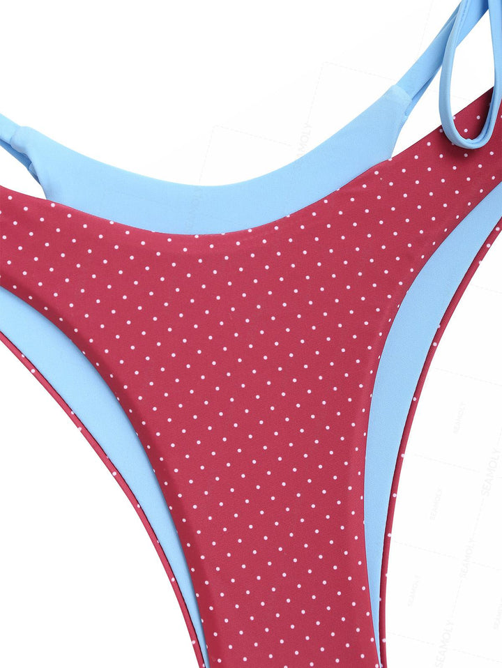 Seamolly Polka Dot Print Contrast Color O Ring Double Layer Bikini Set
