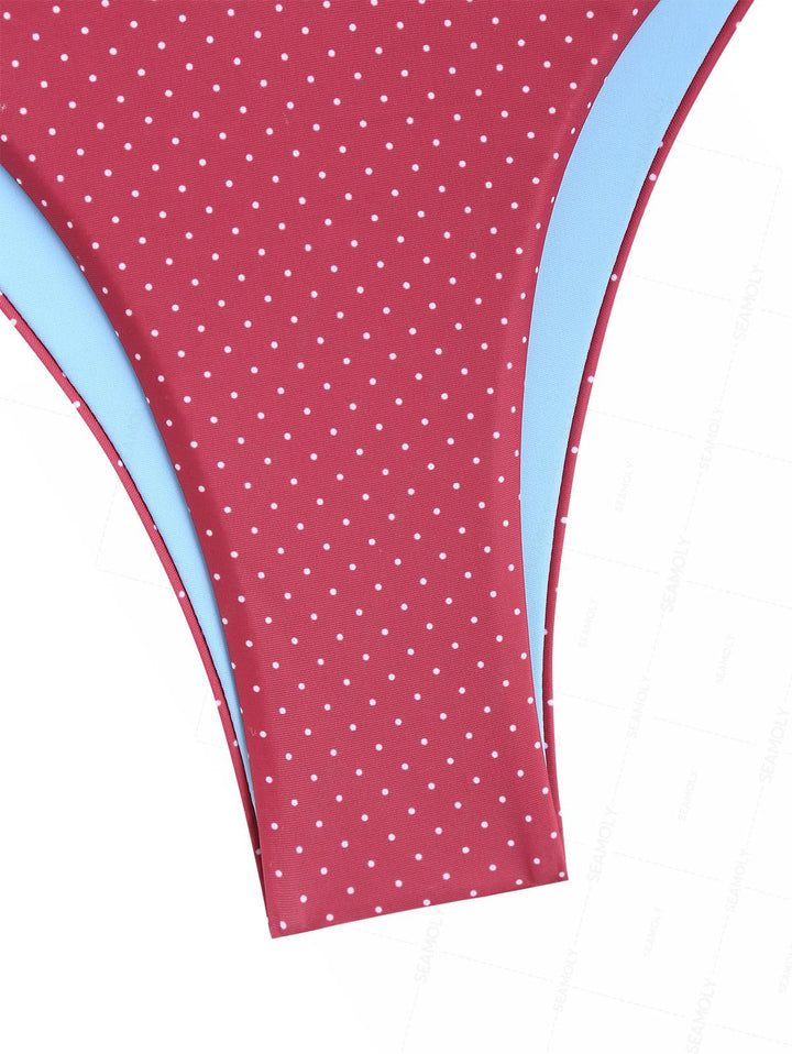 Seamolly Polka Dot Print Contrast Color O Ring Double Layer Bikini Set