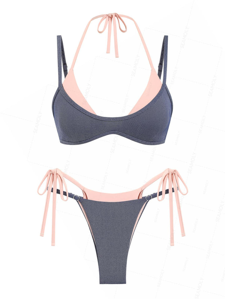 Seamolly Denim Contrast Color Tie Side Double Layer Bikini Set