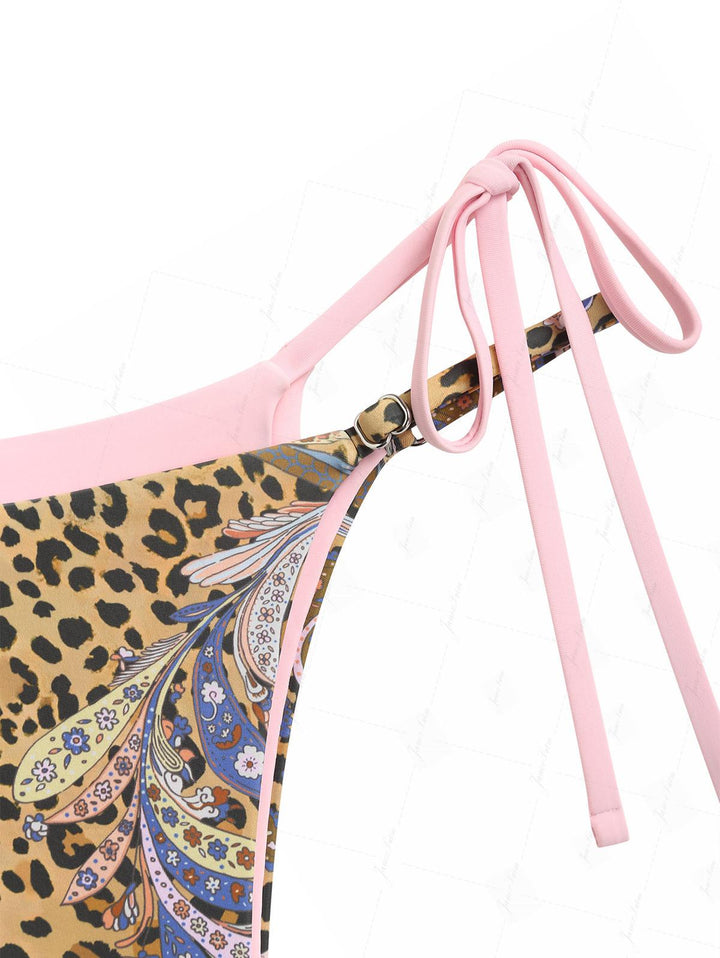 Brown Leopard Paisley Print Contrast Color String Double Layer Bikini Set