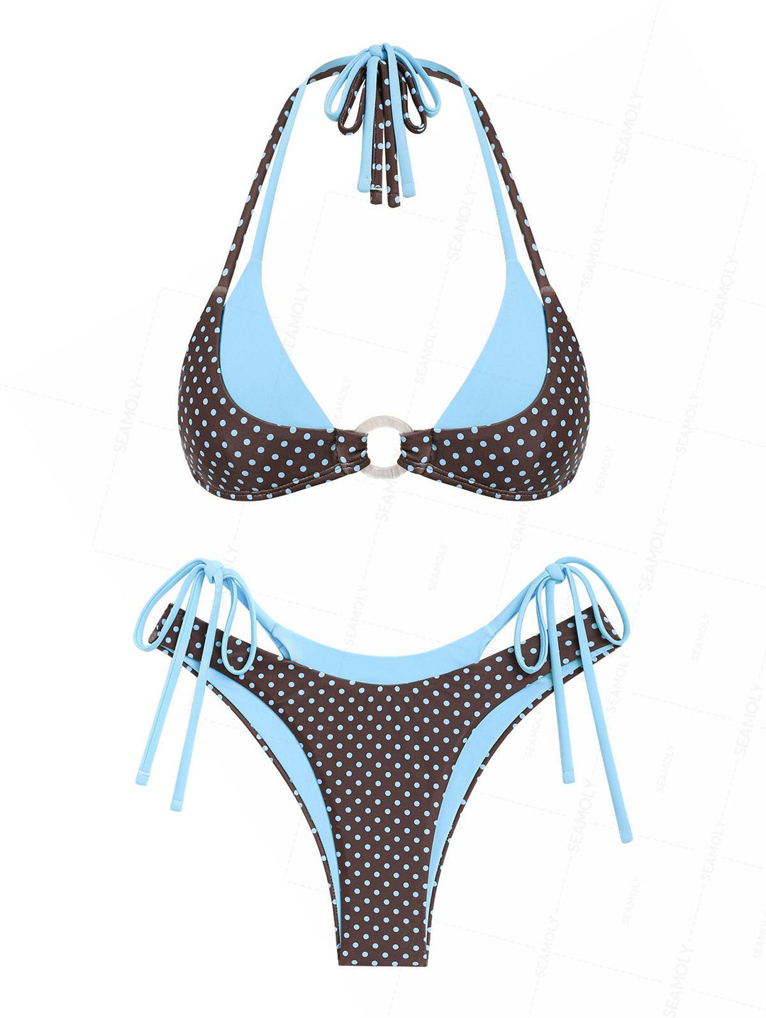 Seamolly Polka Dot Print Contrast Color O Ring Double Layer Bikini Set