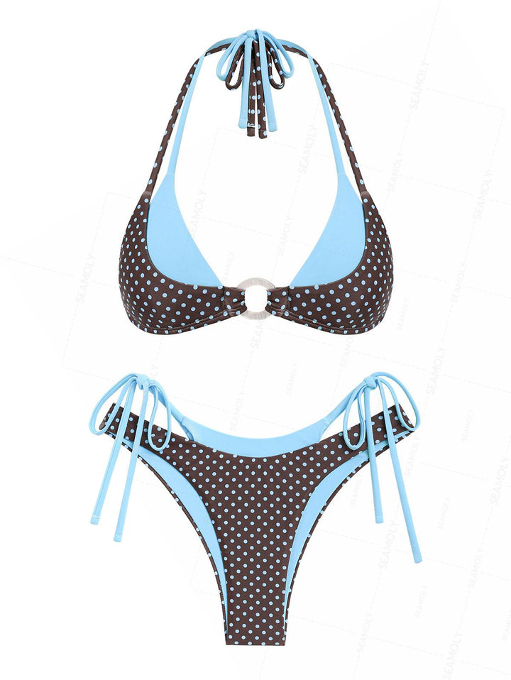 Seamolly Polka Dot Print Contrast Color O Ring Double Layer Bikini Set