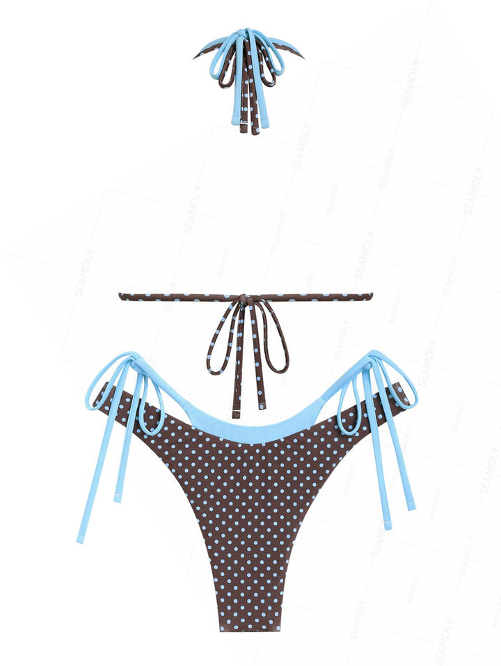 Seamolly Polka Dot Print Contrast Color O Ring Double Layer Bikini Set