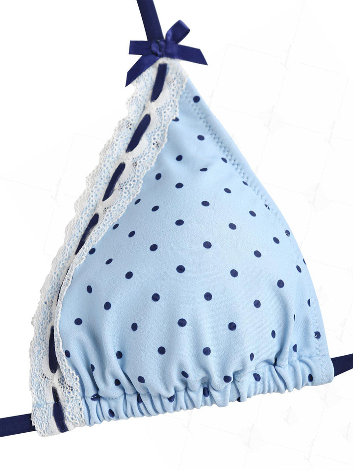Light Blue Polka Dot Lace Bowknot Halter Triangle Bikini Set