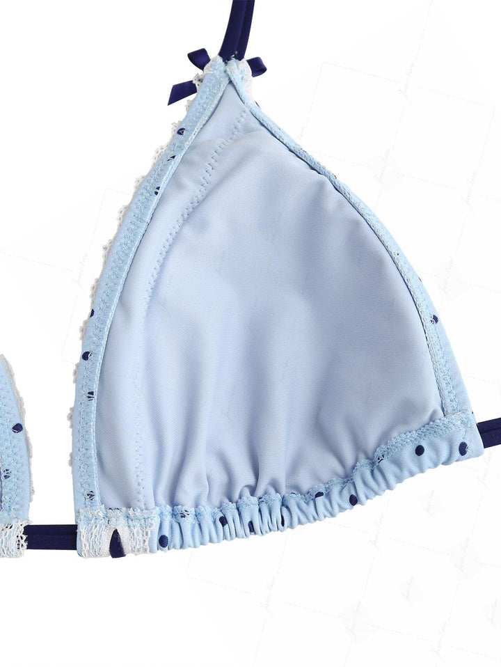 Light Blue Polka Dot Lace Bowknot Halter Triangle Bikini Set
