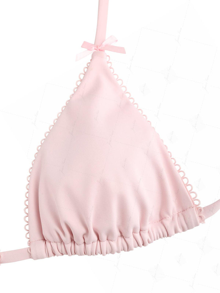 Pink Solid Color Picot Bowknot Triangle Top & Cheeky Brazilian Bottom Bikini Set