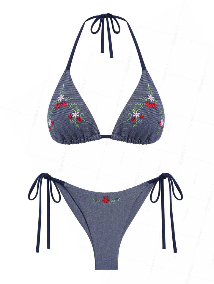 Seamolly Denim Embroidery Halter Triangle Top & Cheeky Brazilian Bottom Bikini Set