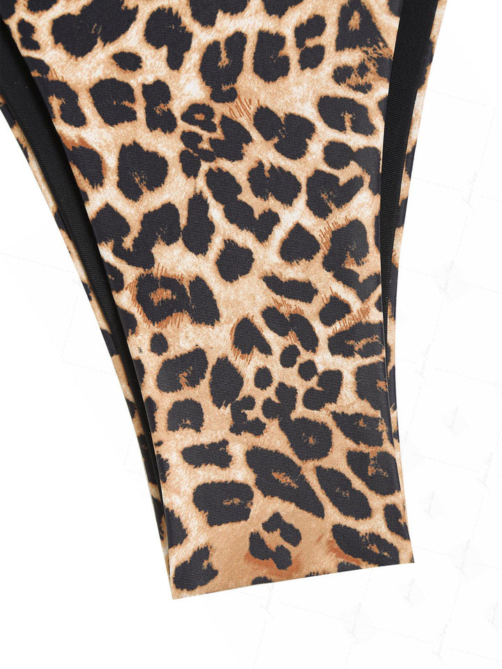Coffee Leopard Print Contrast Color String Double Layer Bikini Set