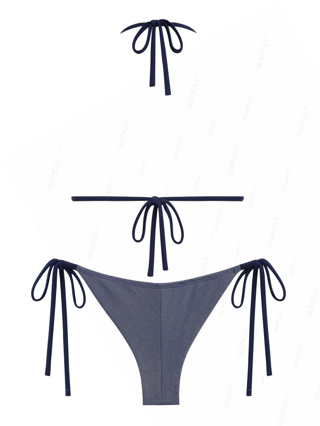 Seamolly Denim Embroidery Halter Triangle Top & Cheeky Brazilian Bottom Bikini Set