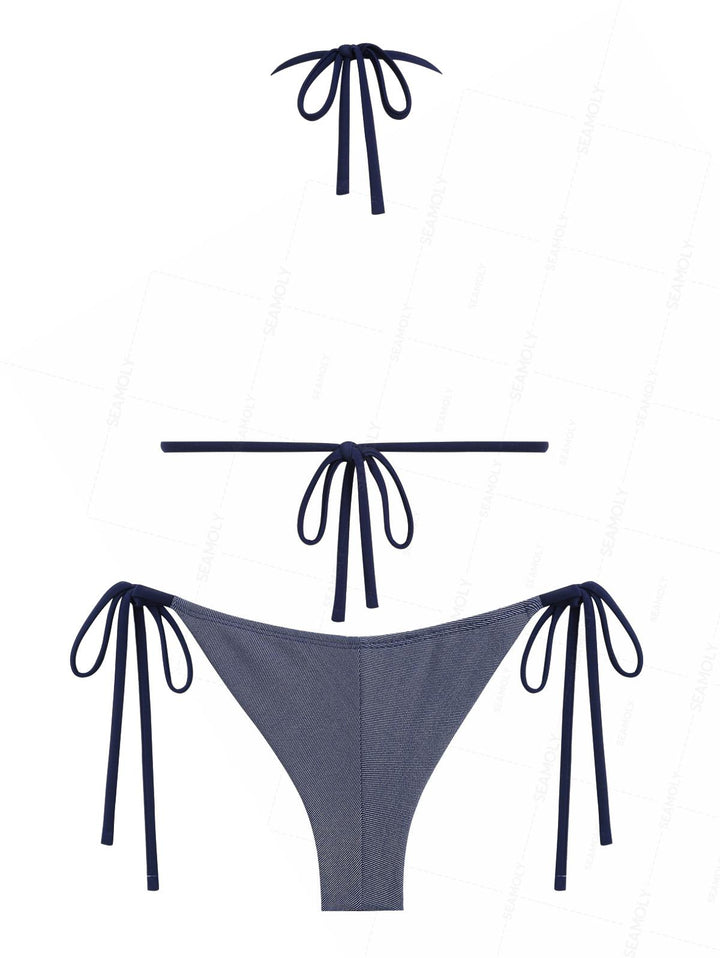 Seamolly Denim Embroidery Halter Triangle Top & Cheeky Brazilian Bottom Bikini Set