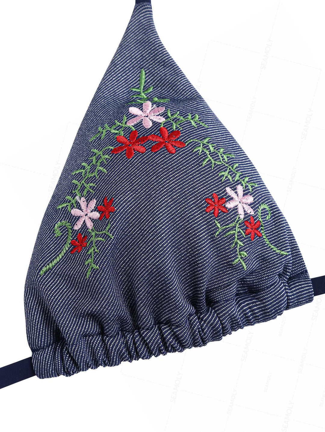 Seamolly Denim Embroidery Halter Triangle Top & Cheeky Brazilian Bottom Bikini Set