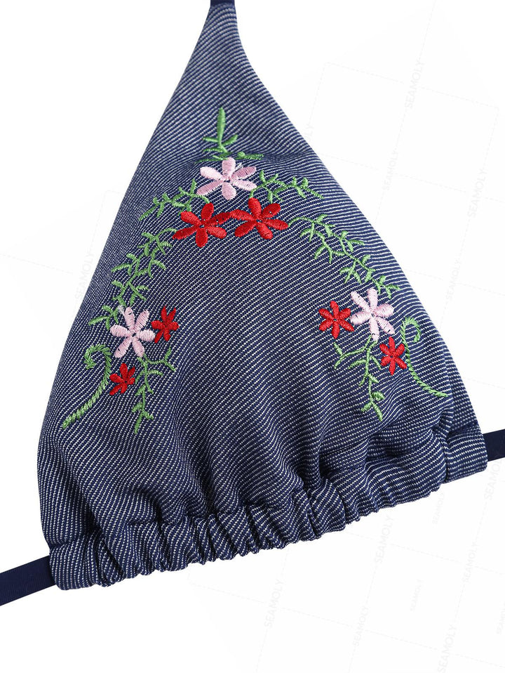 Seamolly Denim Embroidery Halter Triangle Top & Cheeky Brazilian Bottom Bikini Set