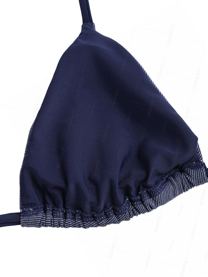 Seamolly Denim Embroidery Halter Triangle Top & Cheeky Brazilian Bottom Bikini Set