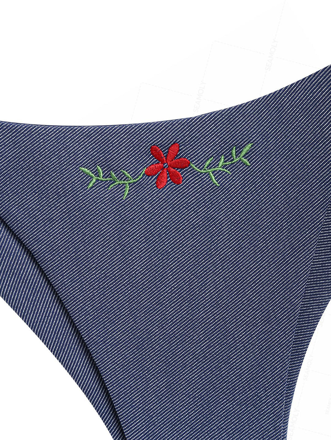 Seamolly Denim Embroidery Halter Triangle Top & Cheeky Brazilian Bottom Bikini Set